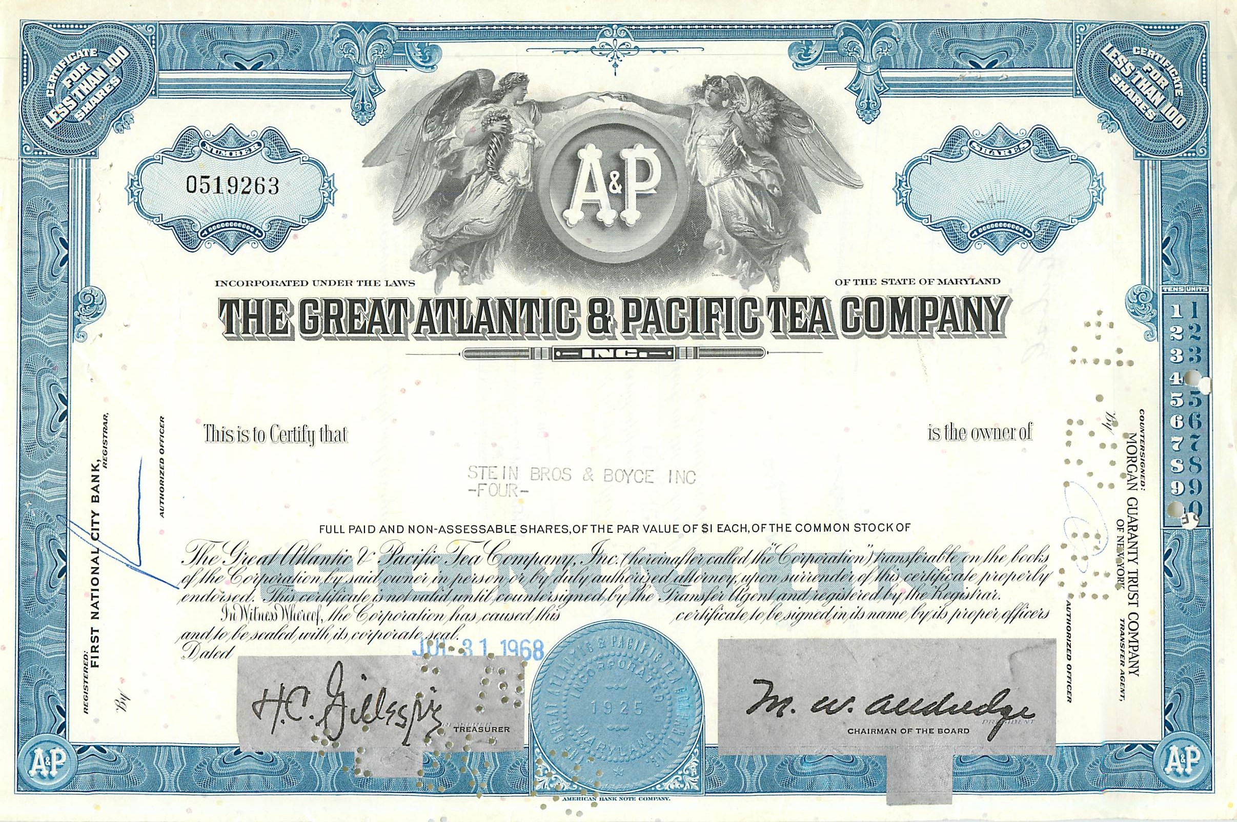 Aandelenbewijs van de Great Atlantic & Pacific Tea Company — Stein Bros & Boyce Inc — n° 0519263