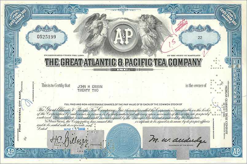 Certificat de la Great Atlantic & Pacific Tea Company — 22 actions — éditeur Morgan Guaranty Trust Company