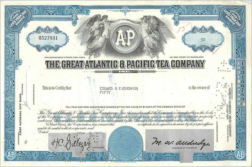 Certificaat van 50 aandelen van de Great Atlantic & Pacific Tea Company — uitgever First National City Bank
