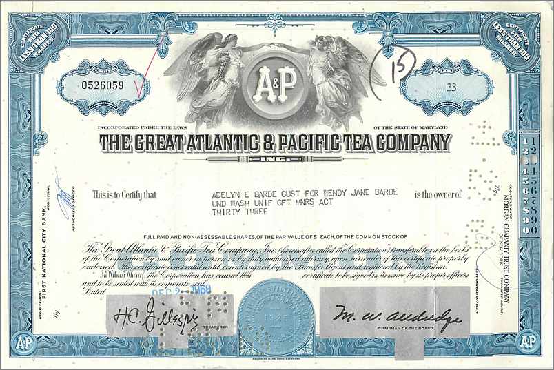 Akcje Great Atlantic & Pacific Tea Company — 33 akcje — wydawca First National City Bank
