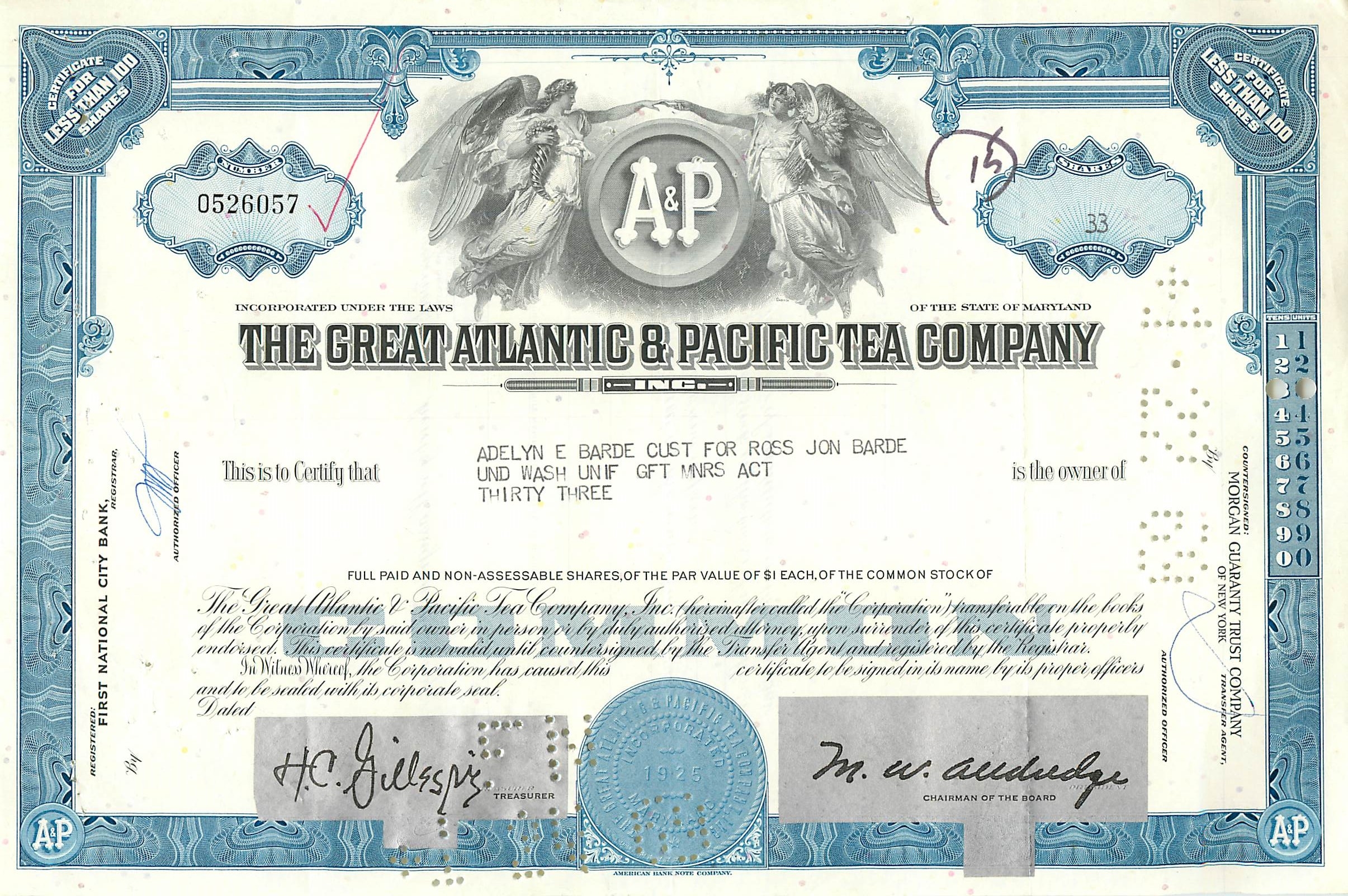 Aandelenbewijs van de Great Atlantic & Pacific Tea Company — n° 0526057 — uitgever Morgan Guaranty Trust Company