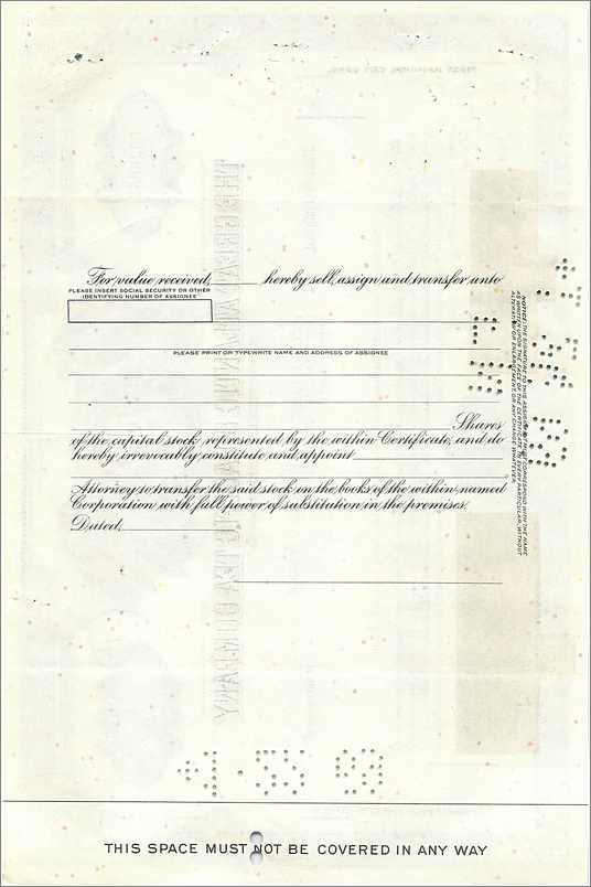 Aandelenbewijs van de Great Atlantic & Pacific Tea Company — n° 0526057 — uitgever Morgan Guaranty Trust Company — Achterkant