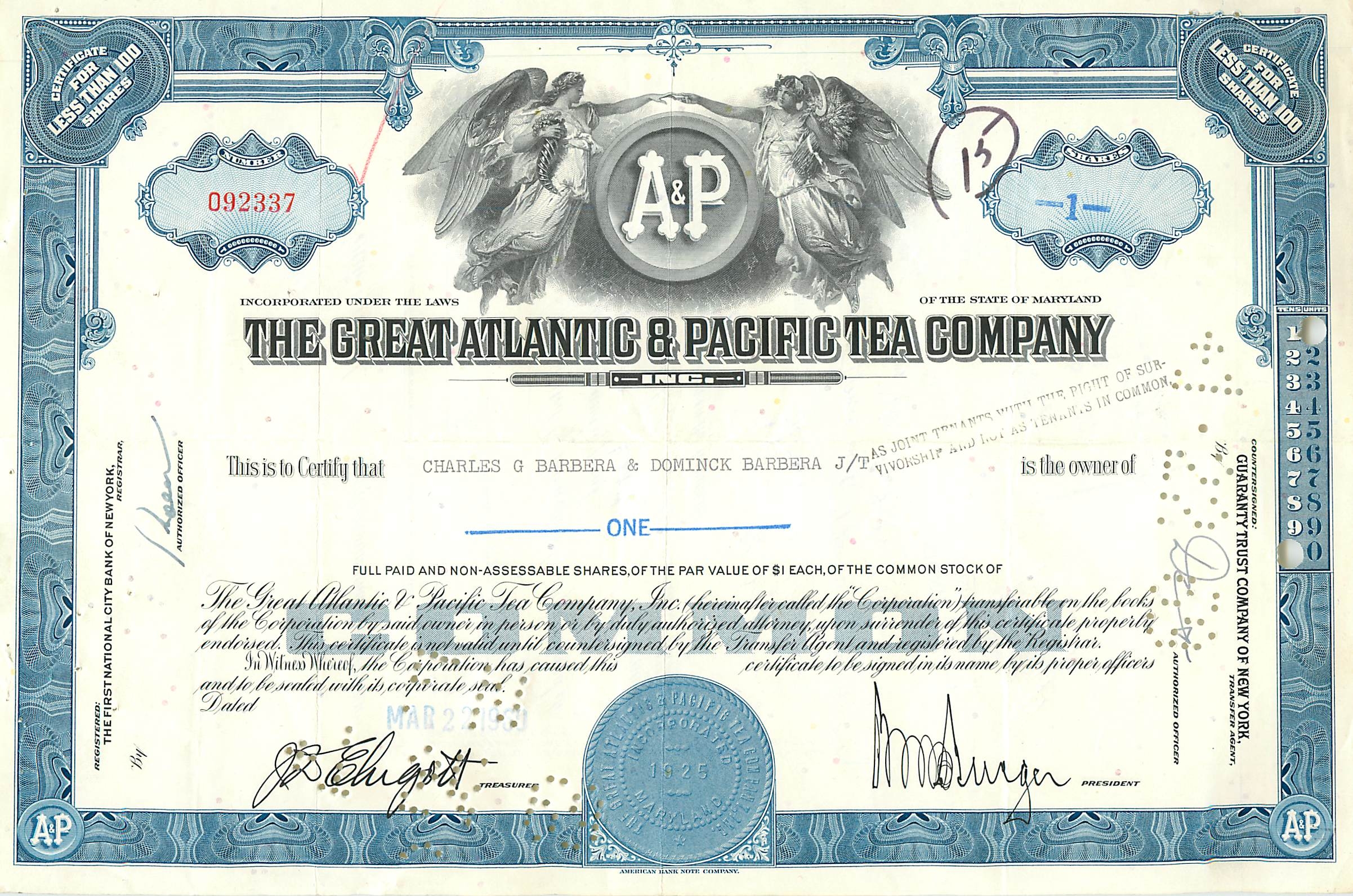 Certificato di azioni della Great Atlantic & Pacific Tea Company — editore American Bank Note Company, n° 092337
