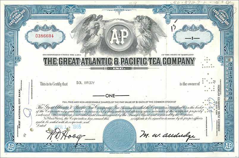 Action de la Great Atlantic & Pacific Tea Company — Sol Brody — n° 0386604