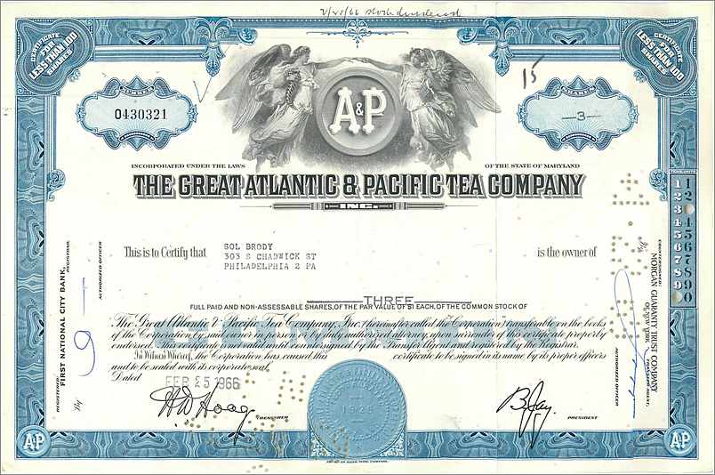 Action de la Great Atlantic & Pacific Tea Company — 3 actions — éditeur Morgan Guaranty Trust Company