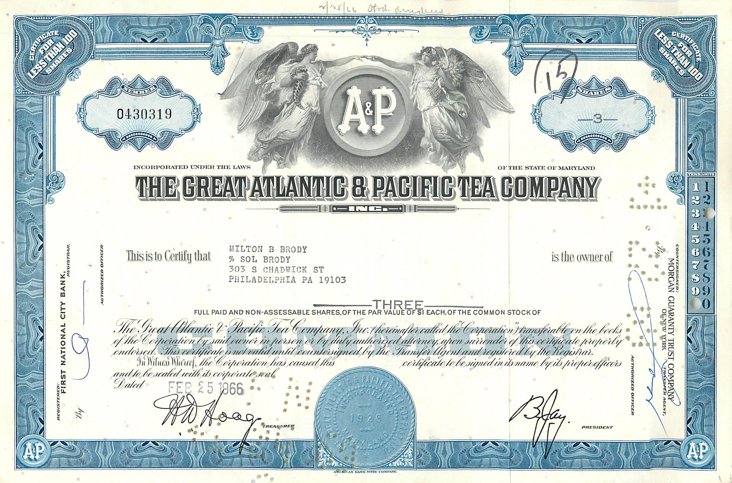 Certificat d'actions de la Great Atlantic & Pacific Tea Company — Milton B. Brody — 1925