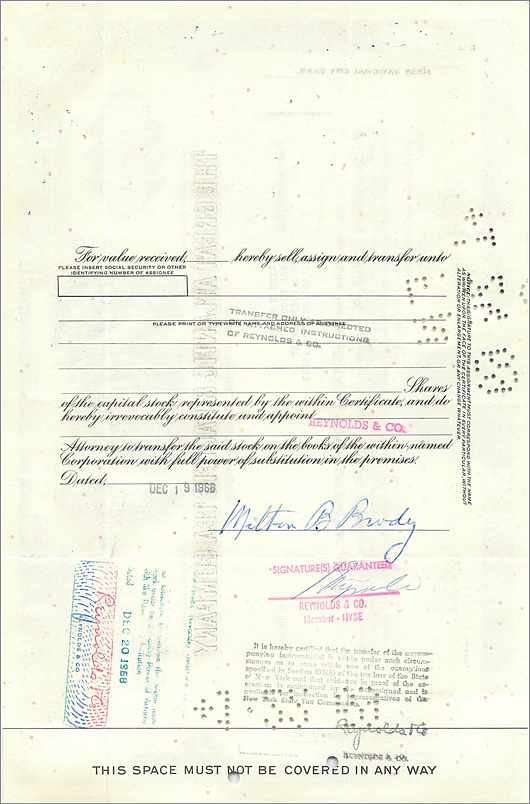 Certificat d'actions de la Great Atlantic & Pacific Tea Company — Milton B. Brody — 1925 — Back