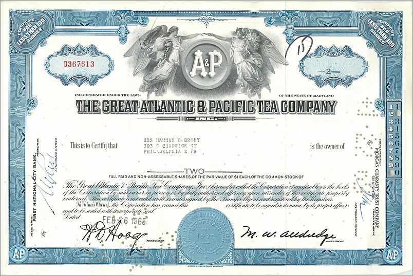 Certificat de la Great Atlantic & Pacific Tea Company — 2 actions — éditeur First National City Bank