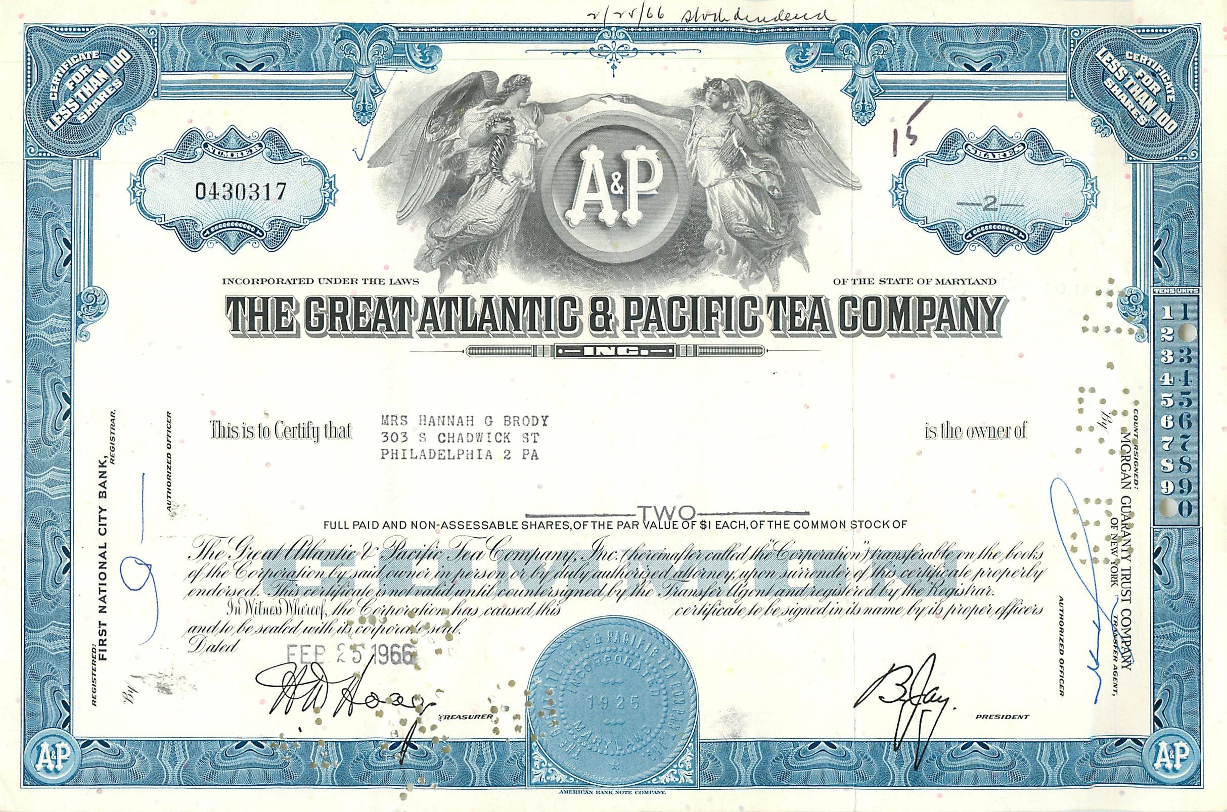 Certificat de parts de la Great Atlantic & Pacific Tea Company — Mrs Hannah G Brody — n° 043017