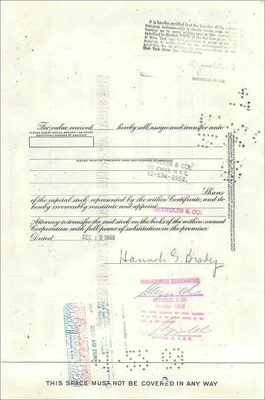 Certificat de parts de la Great Atlantic & Pacific Tea Company — Mrs Hannah G Brody — n° 043017 — Rückseite