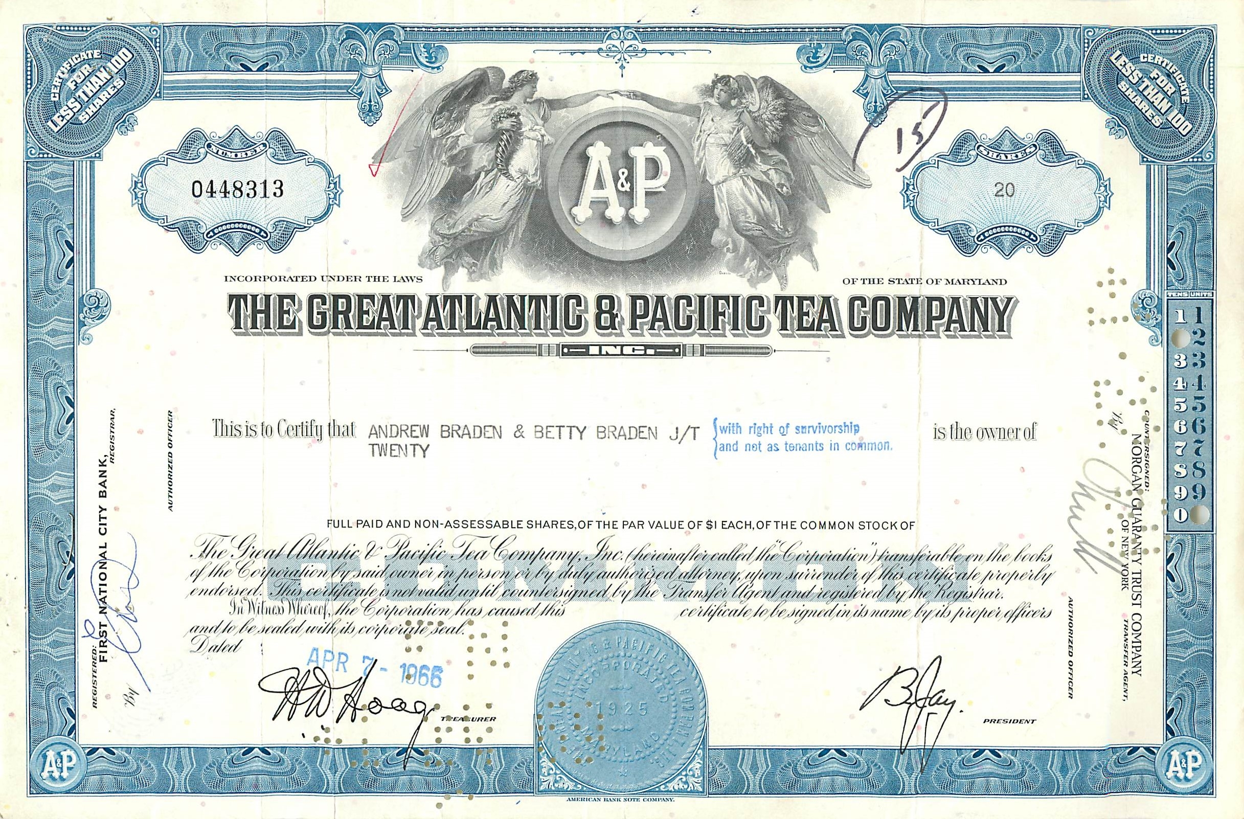 Certificat de 20 actions de la Great Atlantic & Pacific Tea Company — éditeur First National City Bank