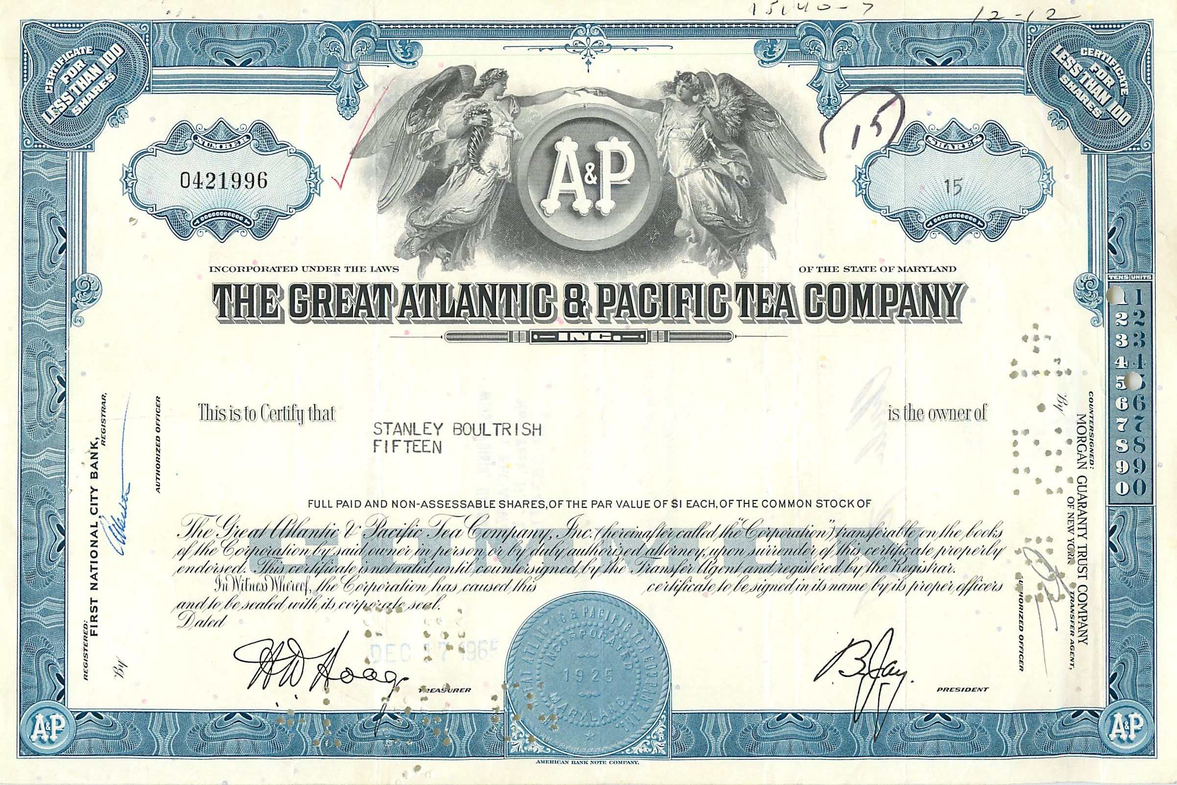 Certificat de 15 actions de la Great Atlantic & Pacific Tea Company — Stanley Boultrish — daté 1926