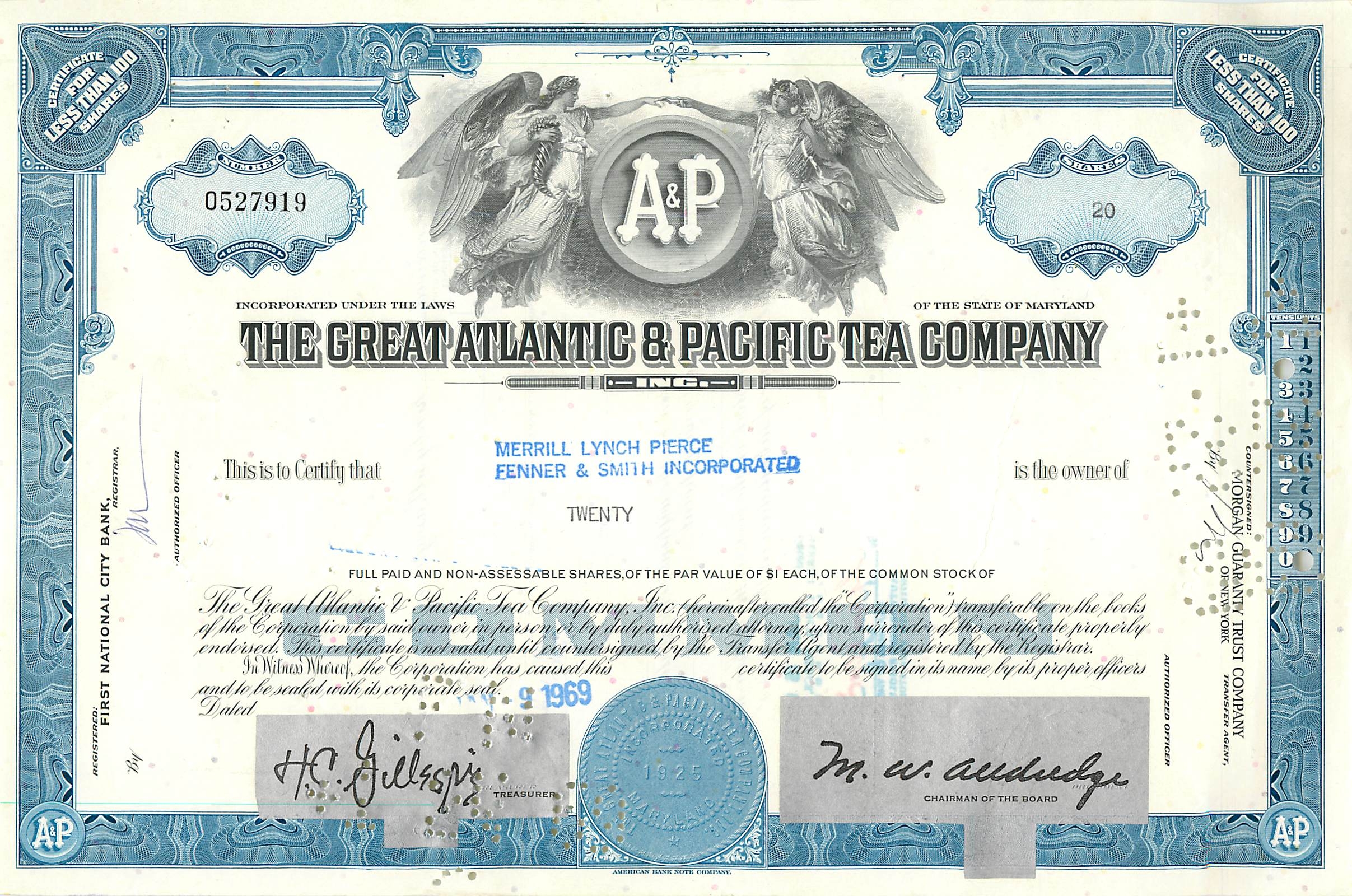 Certificado de acciones de la Great Atlantic & Pacific Tea Company — serie 0527919 — editor Merrill Lynch Pierce Fenner & Smith Incorporated