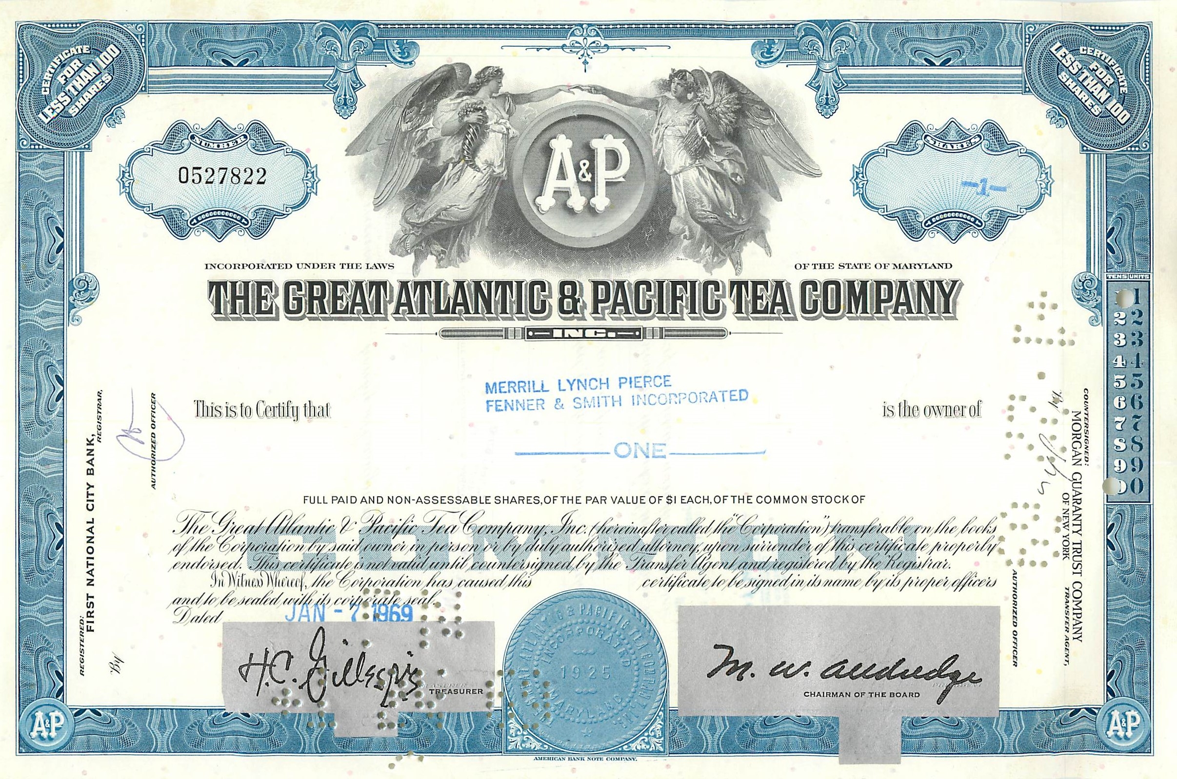 Aandeel van de Great Atlantic & Pacific Tea Company — certificaat van 1 aandeel — uitgever Morgan Guaranty Trust Company