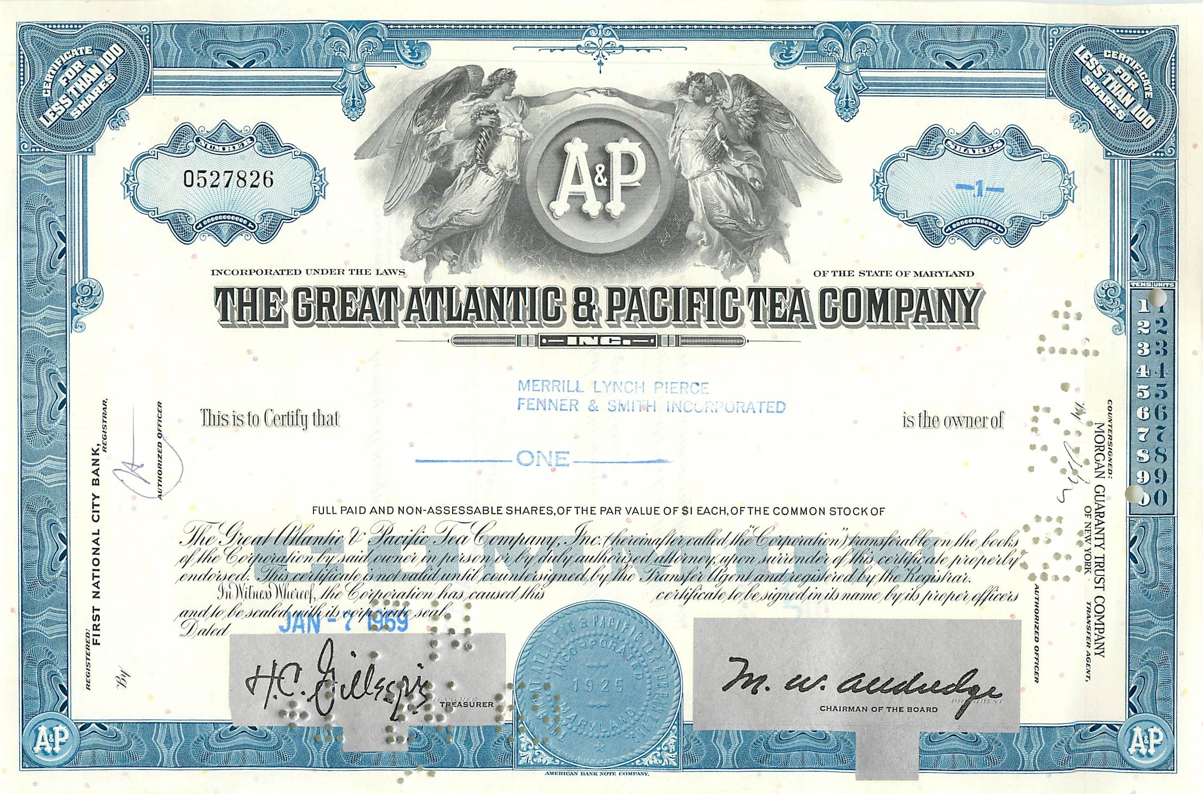 Action de la Great Atlantic & Pacific Tea Company — certificat de 1 action — éditeur Morgan Guaranty Trust Company