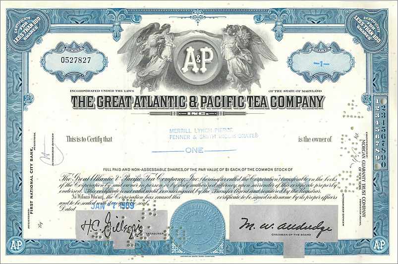 Certificat de parts de la Great Atlantic & Pacific Tea Company — éditeur First National City Bank