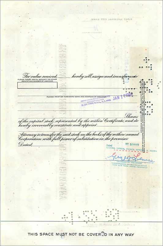 Certificat de parts de la Great Atlantic & Pacific Tea Company — éditeur First National City Bank — Verso