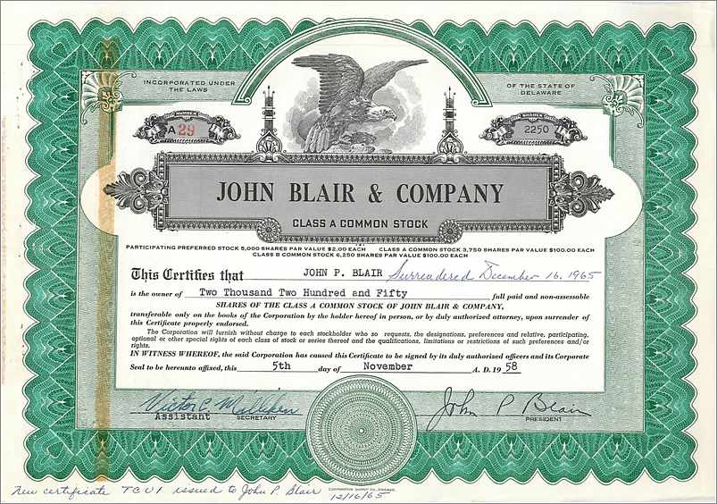 Certificat de parts de John Blair & Company — Delaware — n° 7001