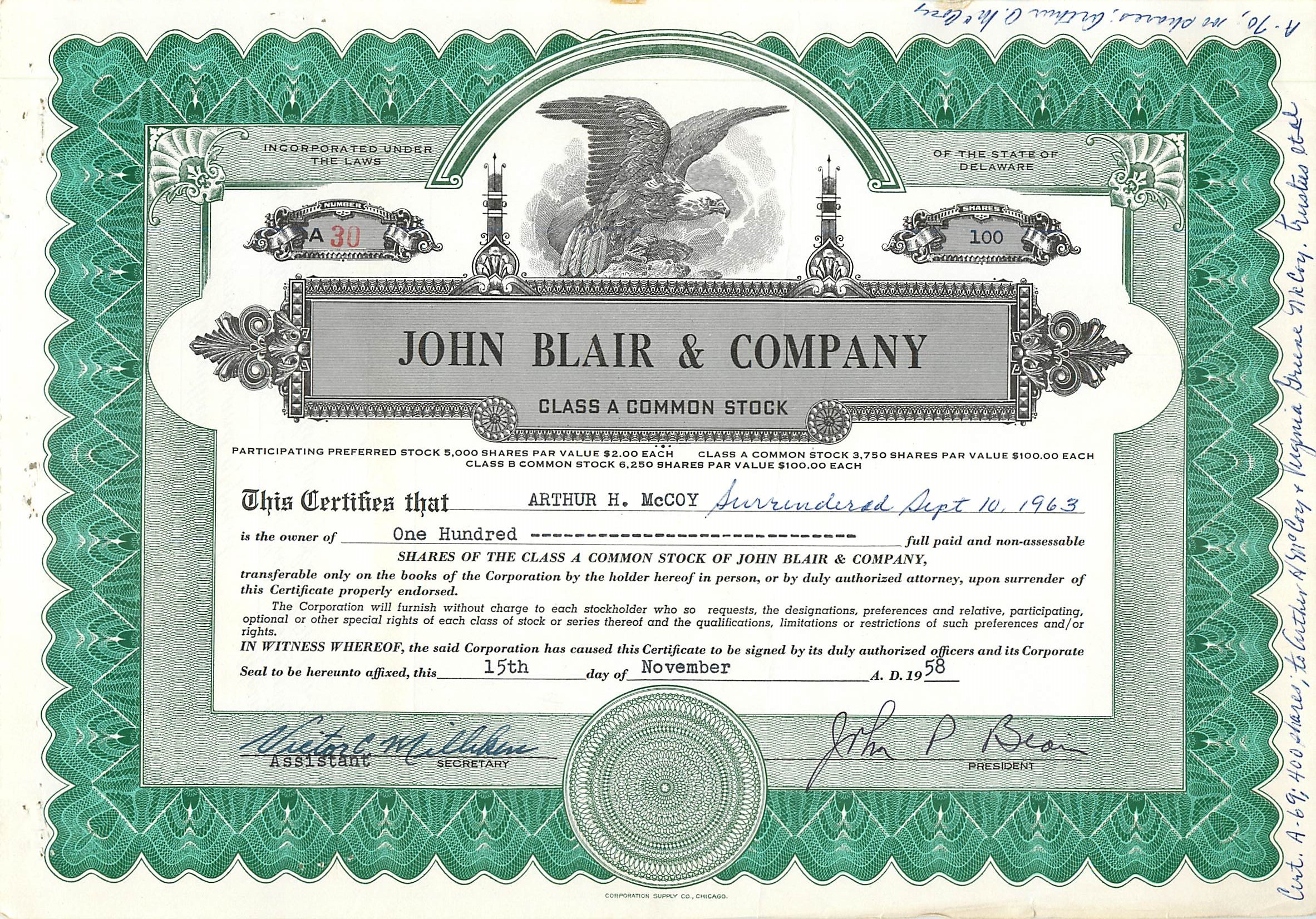 Certificato d'azioni di John Blair & Company — Delaware — n° A 30
