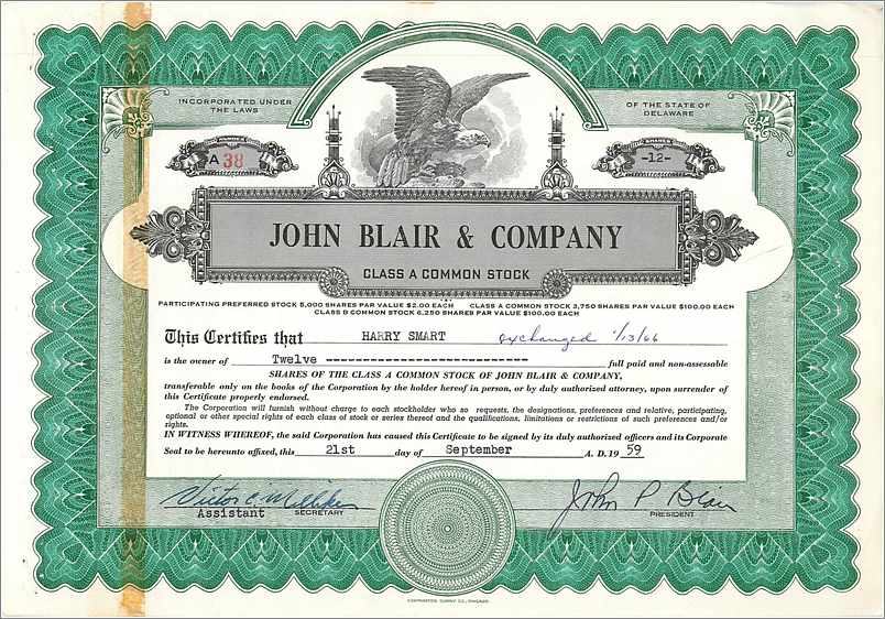 Certificat de parts de la société John Blair & Company — Delaware — n°38