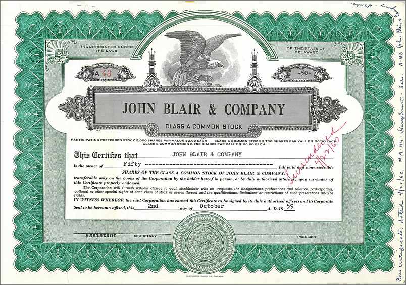 Action de participation de la société John Blair & Company — Delaware — n° 43