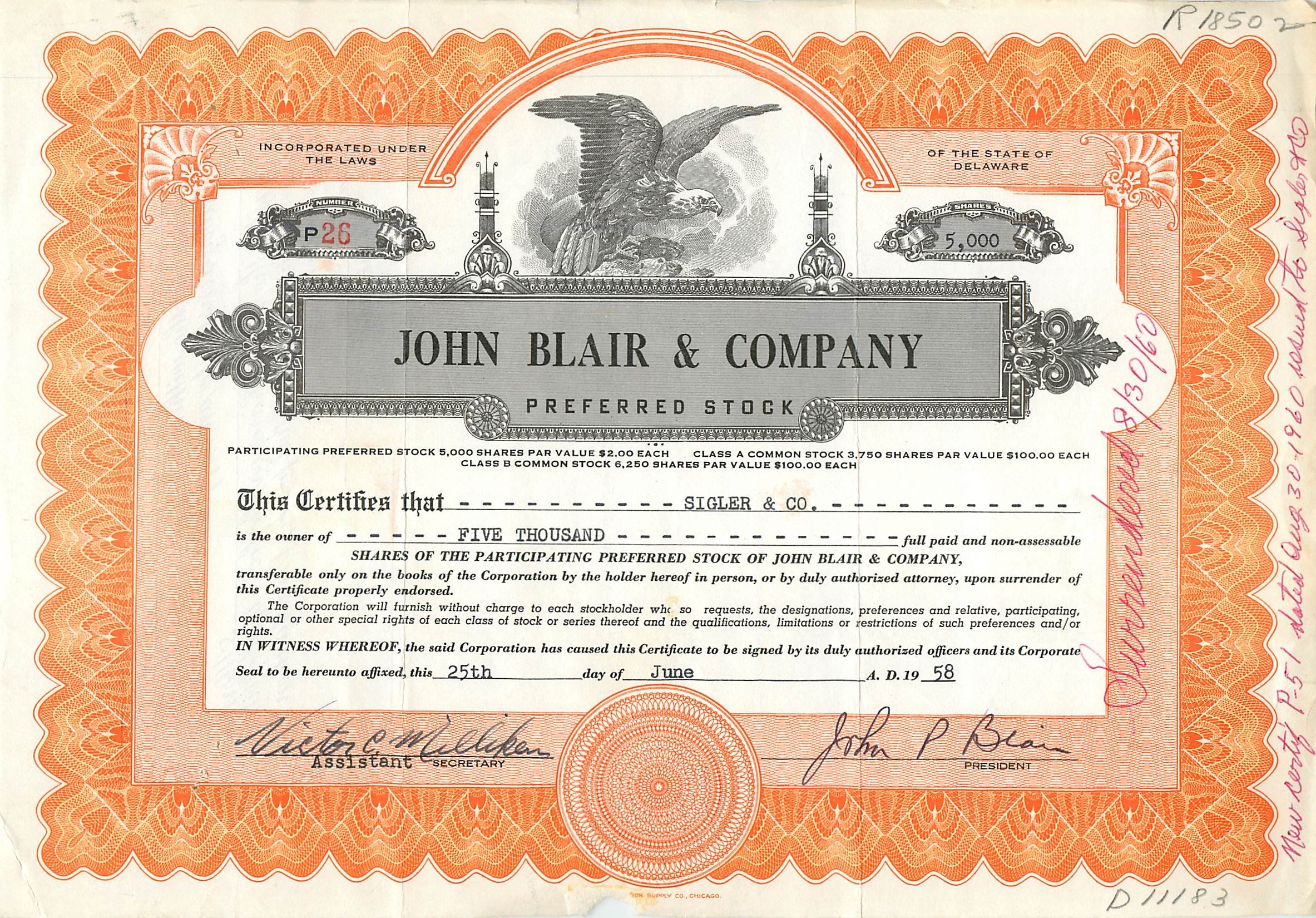Certificat de parts préférentielles de John Blair & Company — Delaware — n° P26