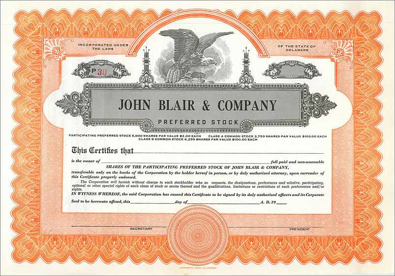 Certificat de parts préférentielles de John Blair & Company — Delaware