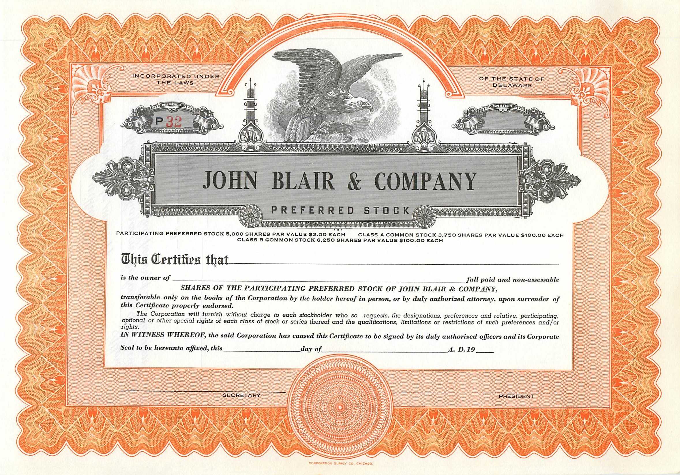 Certificat de parts préférentielles de John Blair & Company — éditeur Corporation Supply Co. Chicago, n° P 32