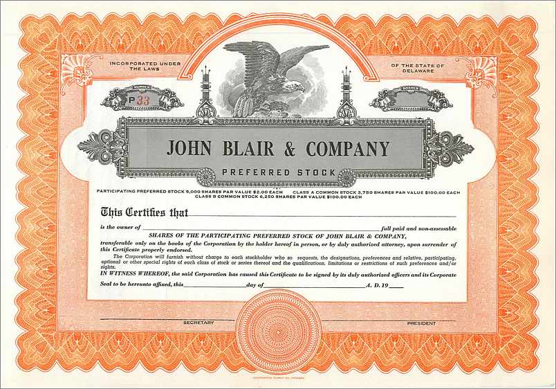 Certyfikat udziałów w firmie John Blair & Company — Delaware