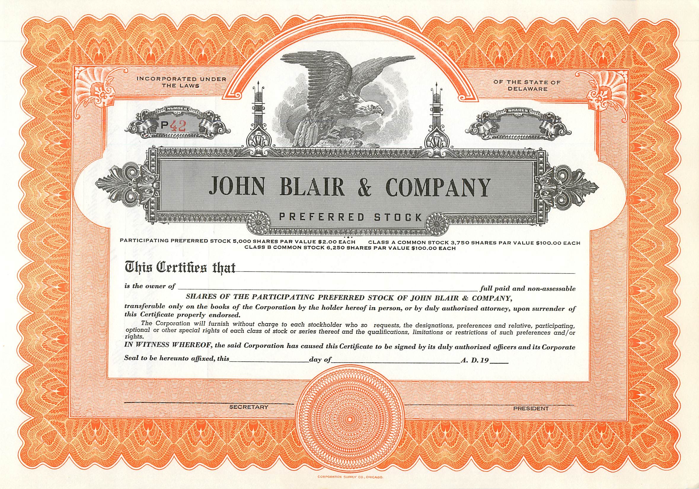 Certificat de parts préférentielles de John Blair & Company — éditeur Corporation Supply Co. Chicago