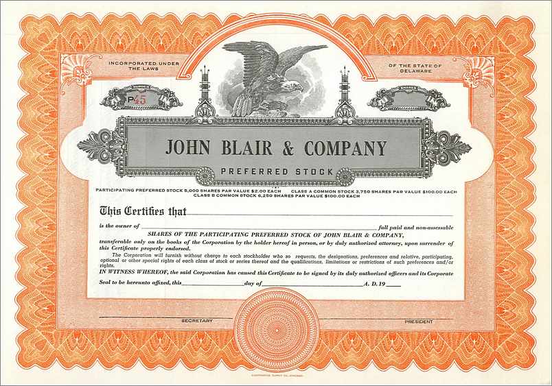 Certificado de acciones preferentes de John Blair & Company — Delaware