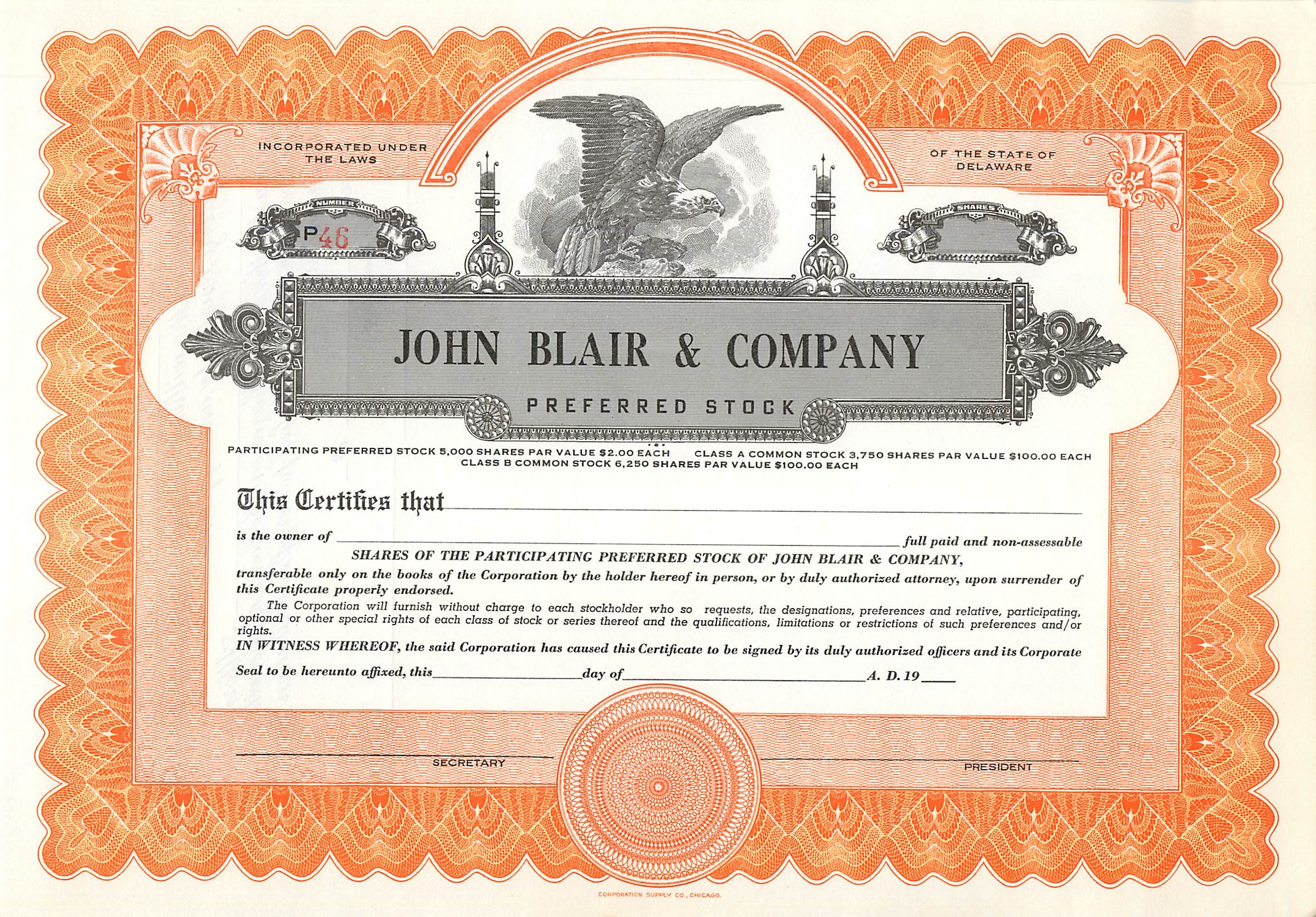 Certificat de parts préférentielles de John Blair & Company — éditeur Commercial Supply Co., Philadelphie