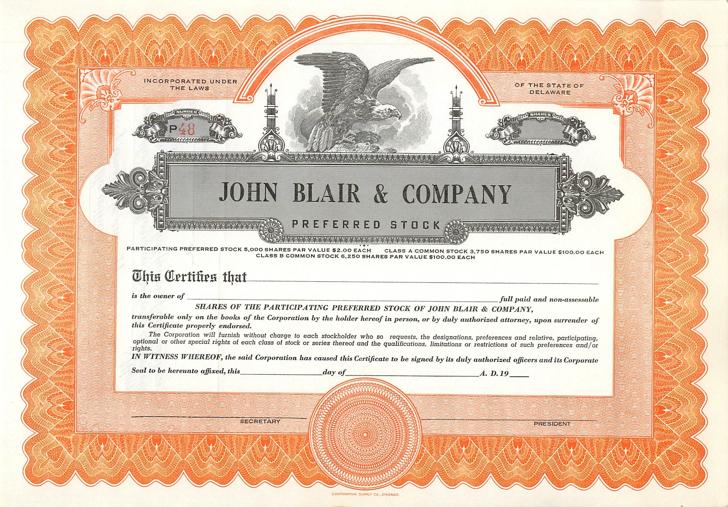 Acción de participación preferente de John Blair & Company — editor Corporation Supply Co. Chicago, n° P48