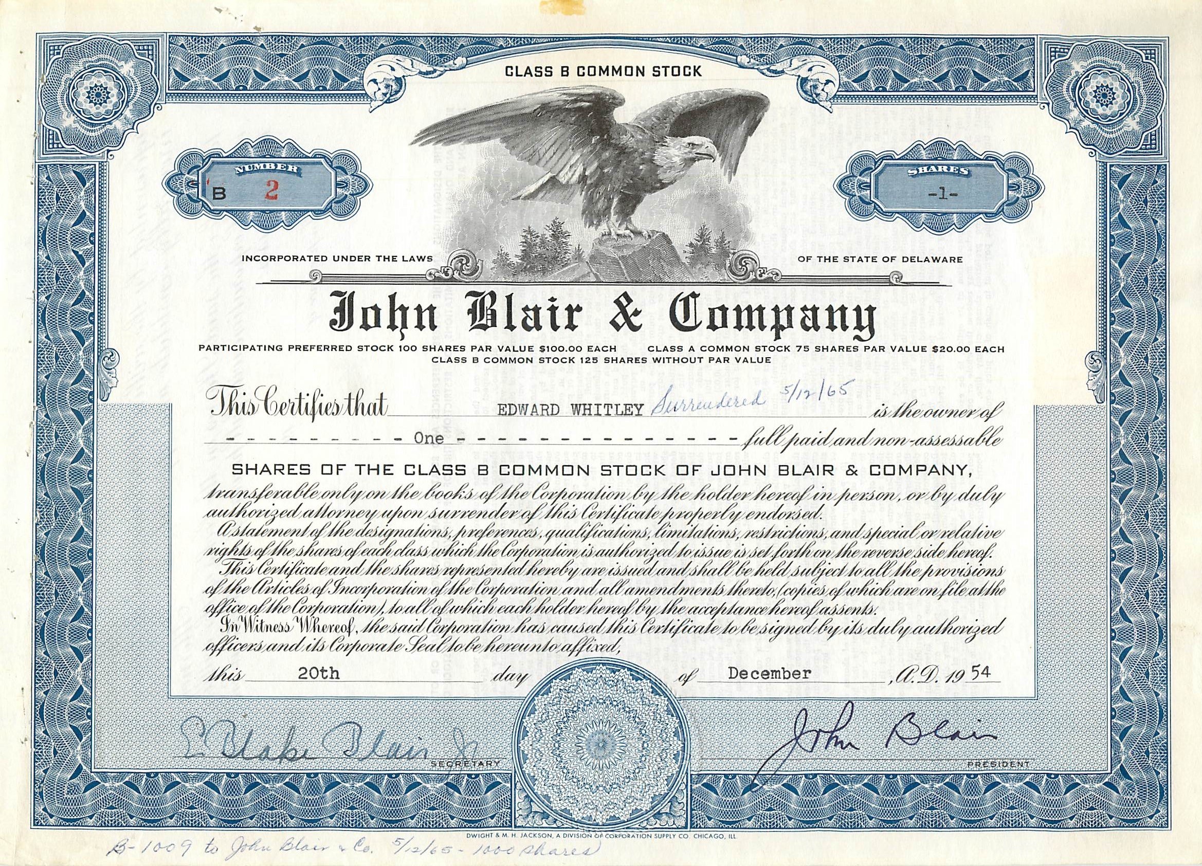 Działanie spółki John Blair & Company — Akcja klasy B — N°2