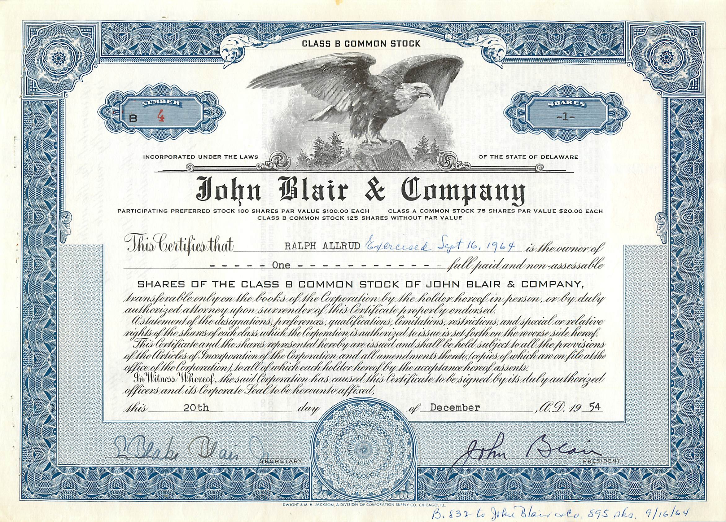 Action de la société John Blair & Company — Action de classe B — éditeur Dwight & R. H. Jackson, division de Corporation Supply Co., Chicago, IL