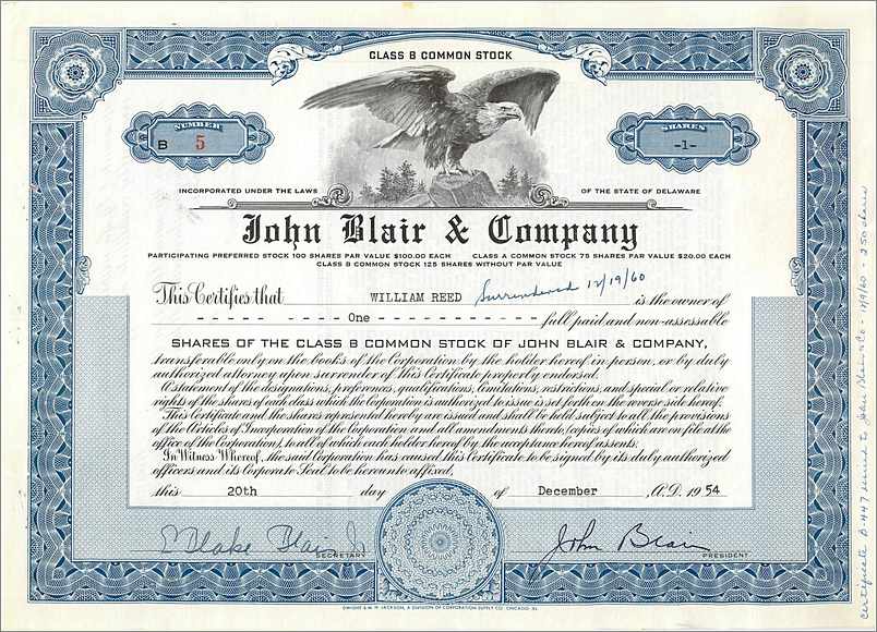 Certyfikat udziałów firmy John Blair & Company — Delaware — nr 5