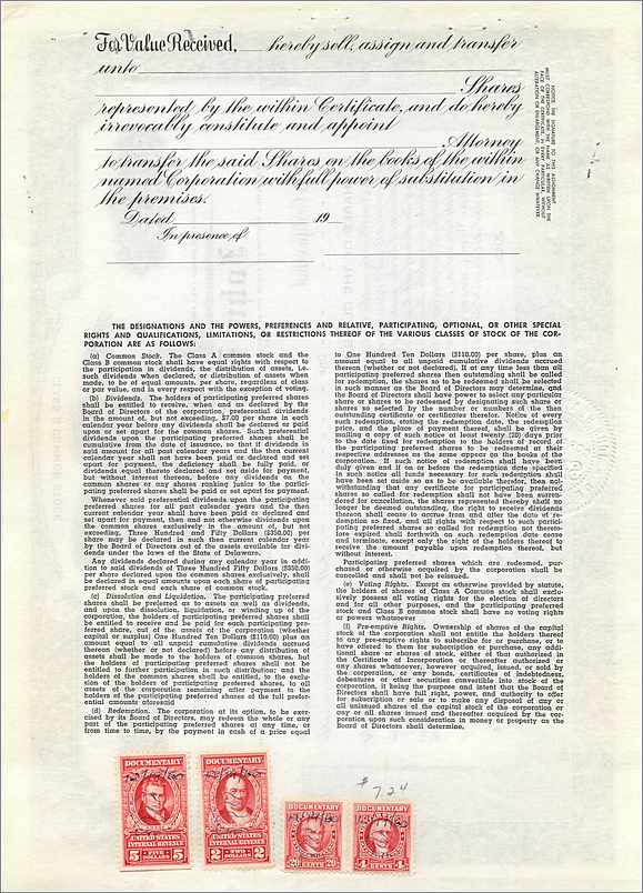 Certyfikat udziałów firmy John Blair & Company — Delaware — nr 5 — Rewers