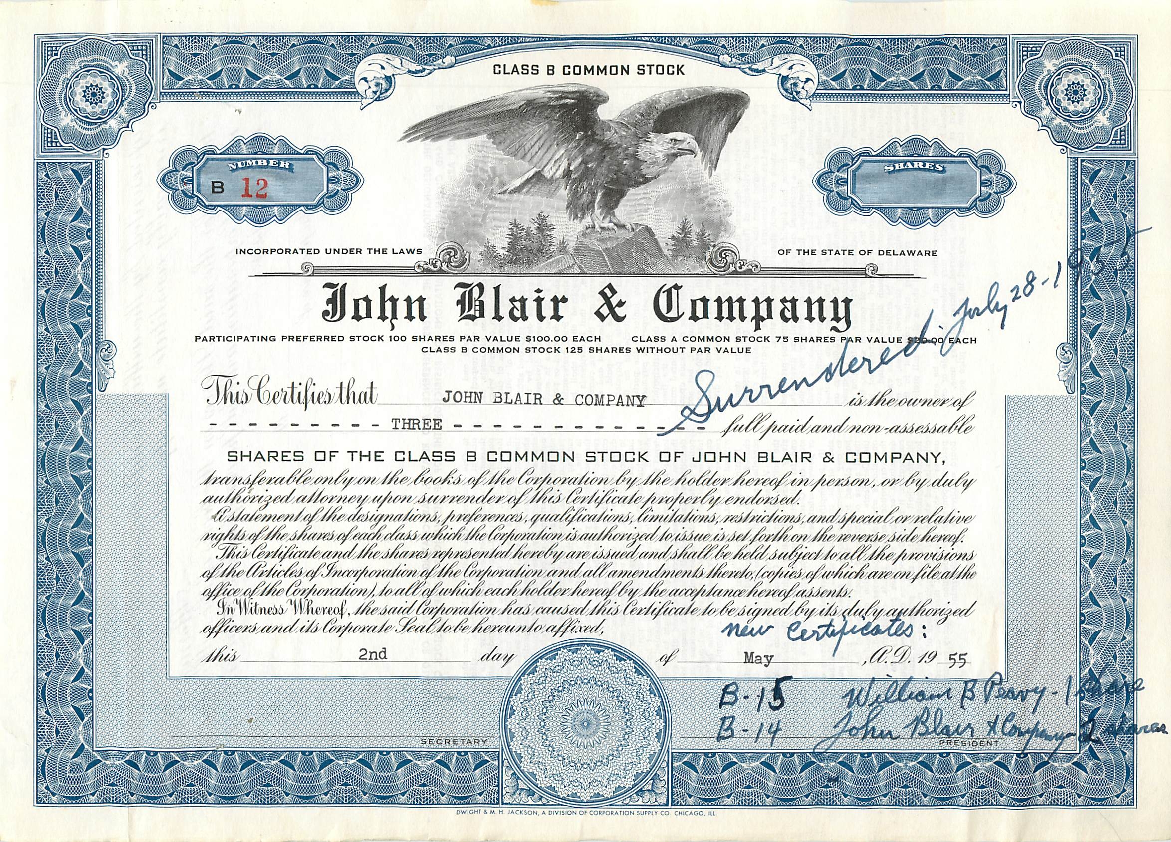 Action de société John Blair & Company — Class B Common Stock — N°12