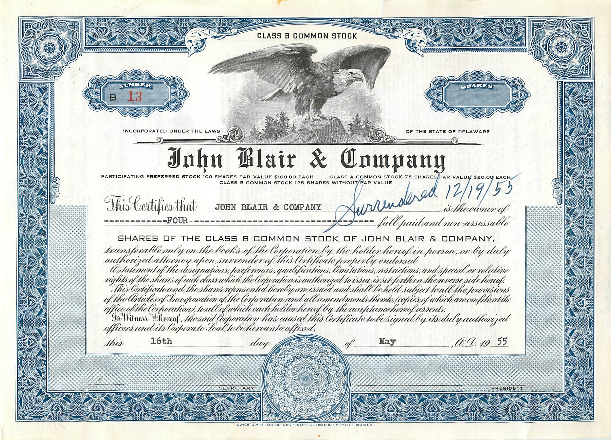 Azione della società John Blair & Company — Azione di classe B — N°13