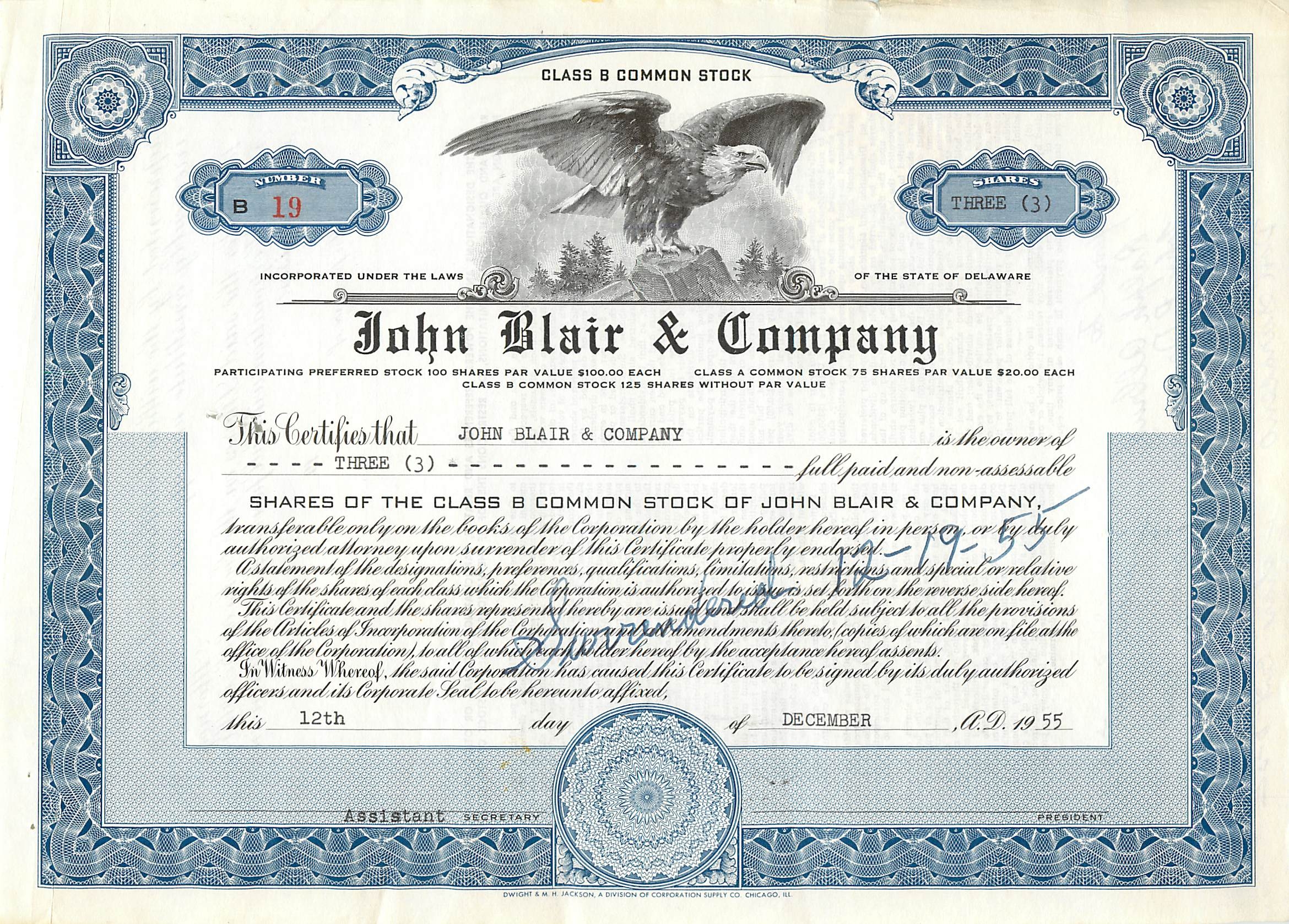 Action de société John Blair & Company — Action de classe B — N°19 — 3 actions — Décembre 1955