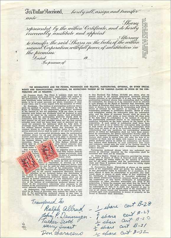 Action de société John Blair & Company — Action de classe B — N°19 — 3 actions — Décembre 1955 — Rückseite