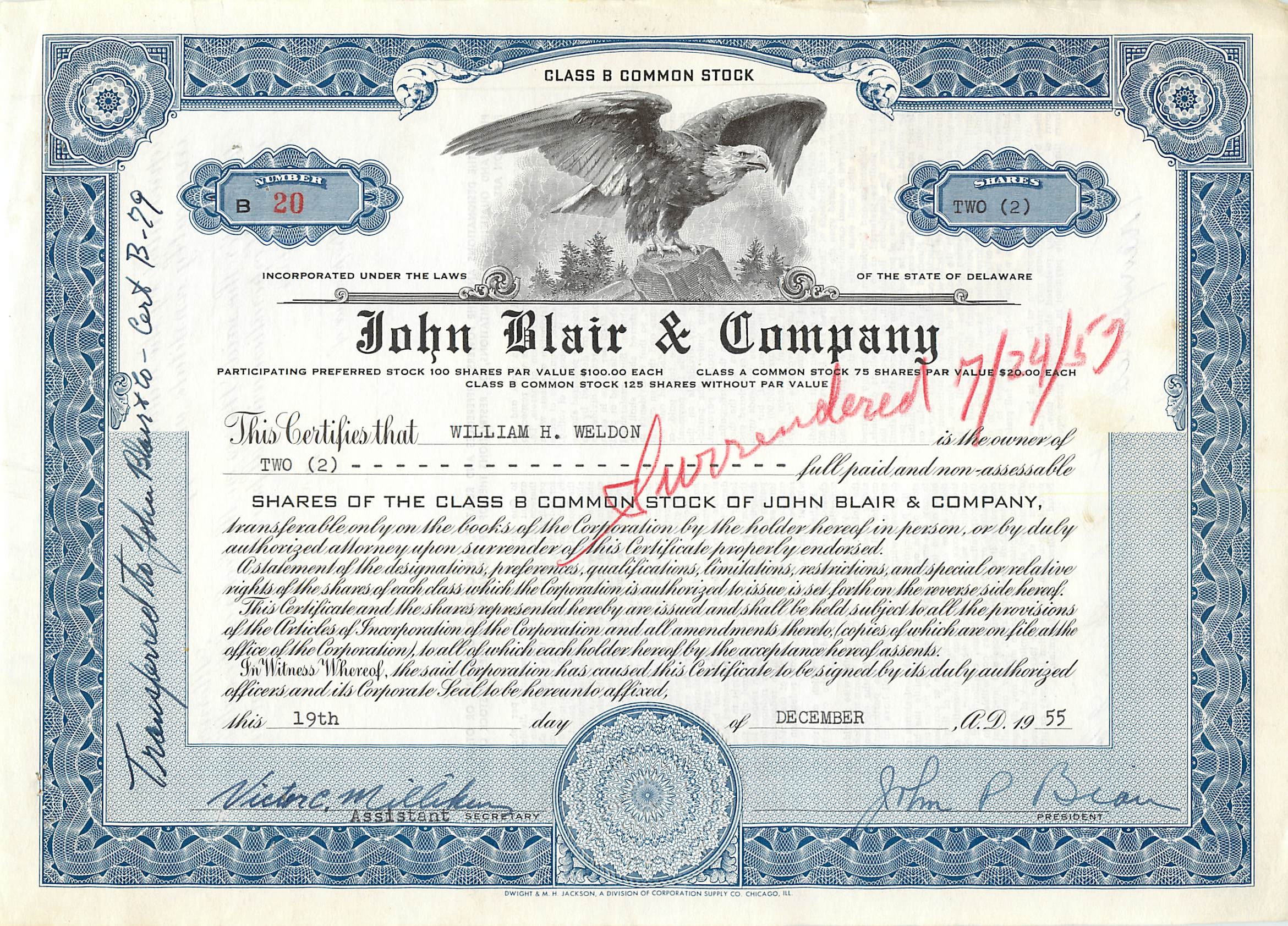 Acción de la sociedad John Blair & Company — Acción clase B — editor Dwight & M. H. Jackson, Chicago, IL