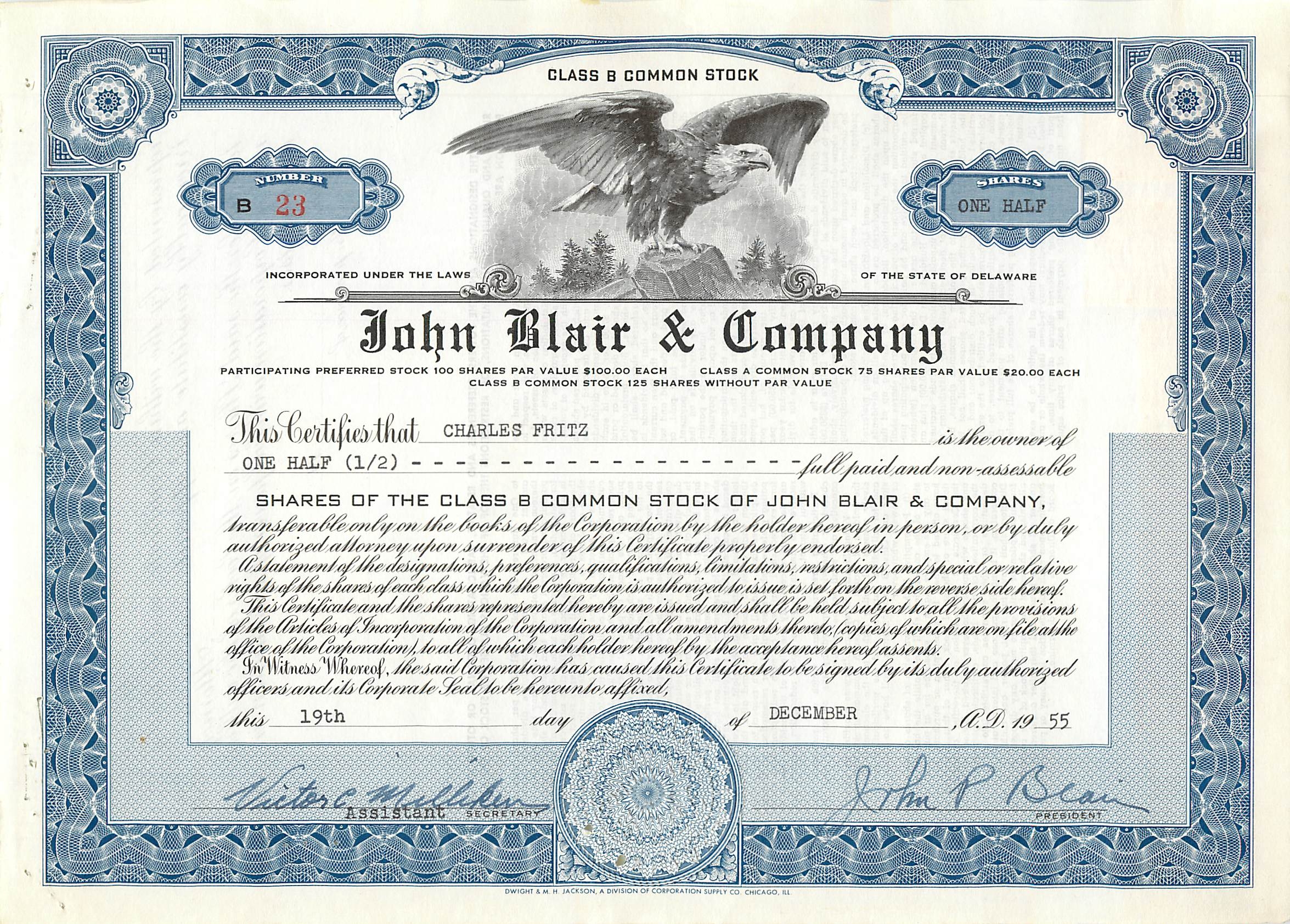 Action de participation - John Blair & Company — certificat de 1/2 action de classe B — éditeur Dwight & M.H. Jackson, Chicago, IL