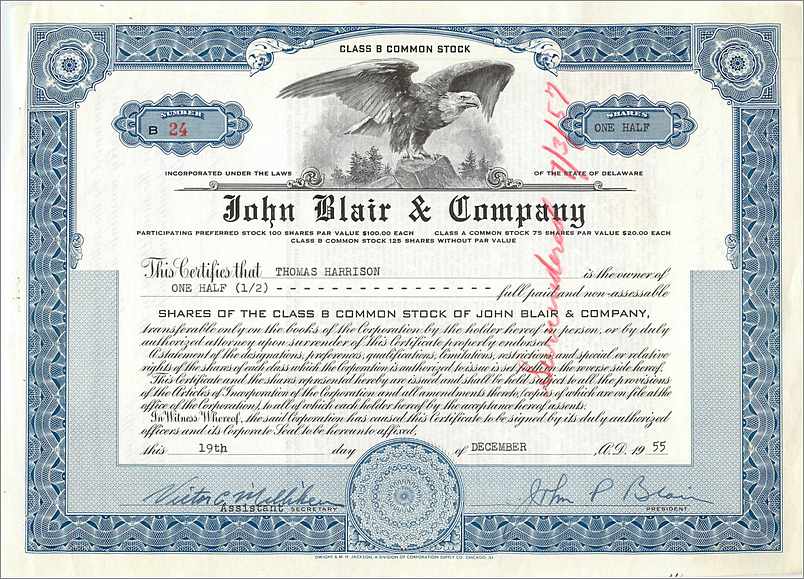 Azione della società John Blair & Company — Classe B Common Stock — editore non visibile