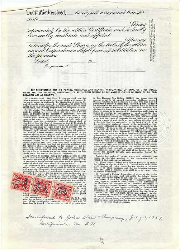 Azione della società John Blair & Company — Classe B Common Stock — editore non visibile — Verso