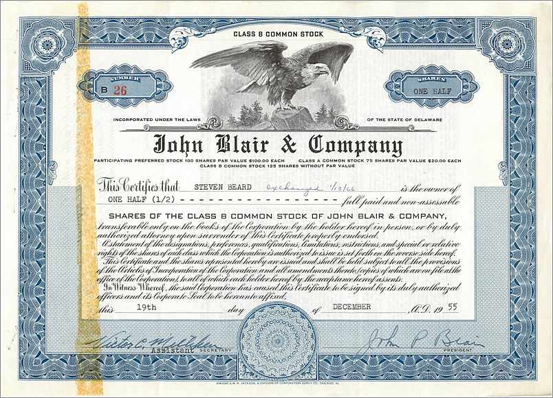 Azione della società John Blair & Company — Classe B — 1955