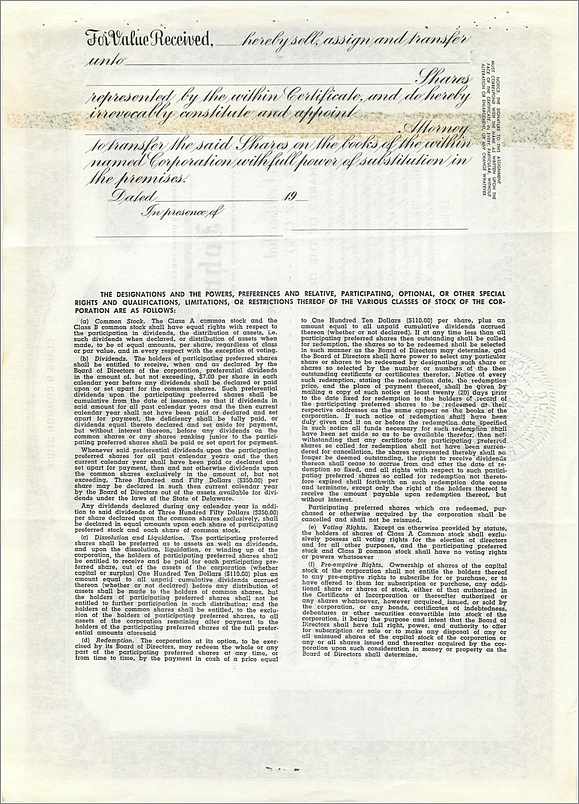 Azione della società John Blair & Company — Classe B — 1955 — Verso