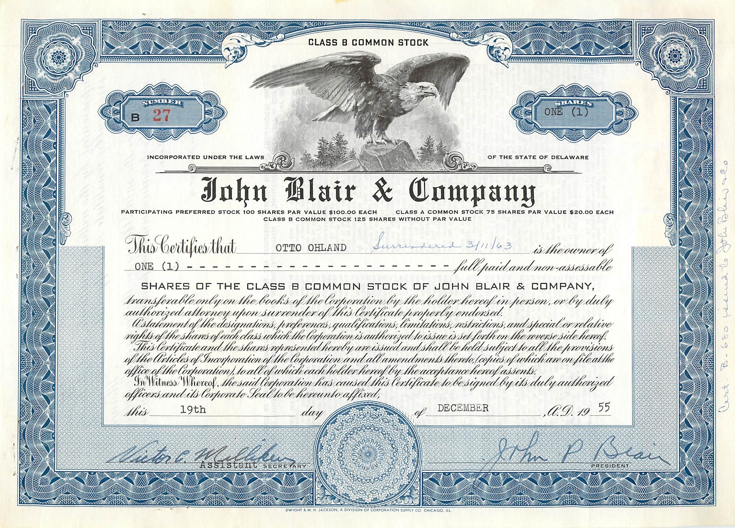 Acción societaria — John Blair & Company — certificado de 1 acción de clase B — editor Dwight & M.H. Jackson, Chicago, IL