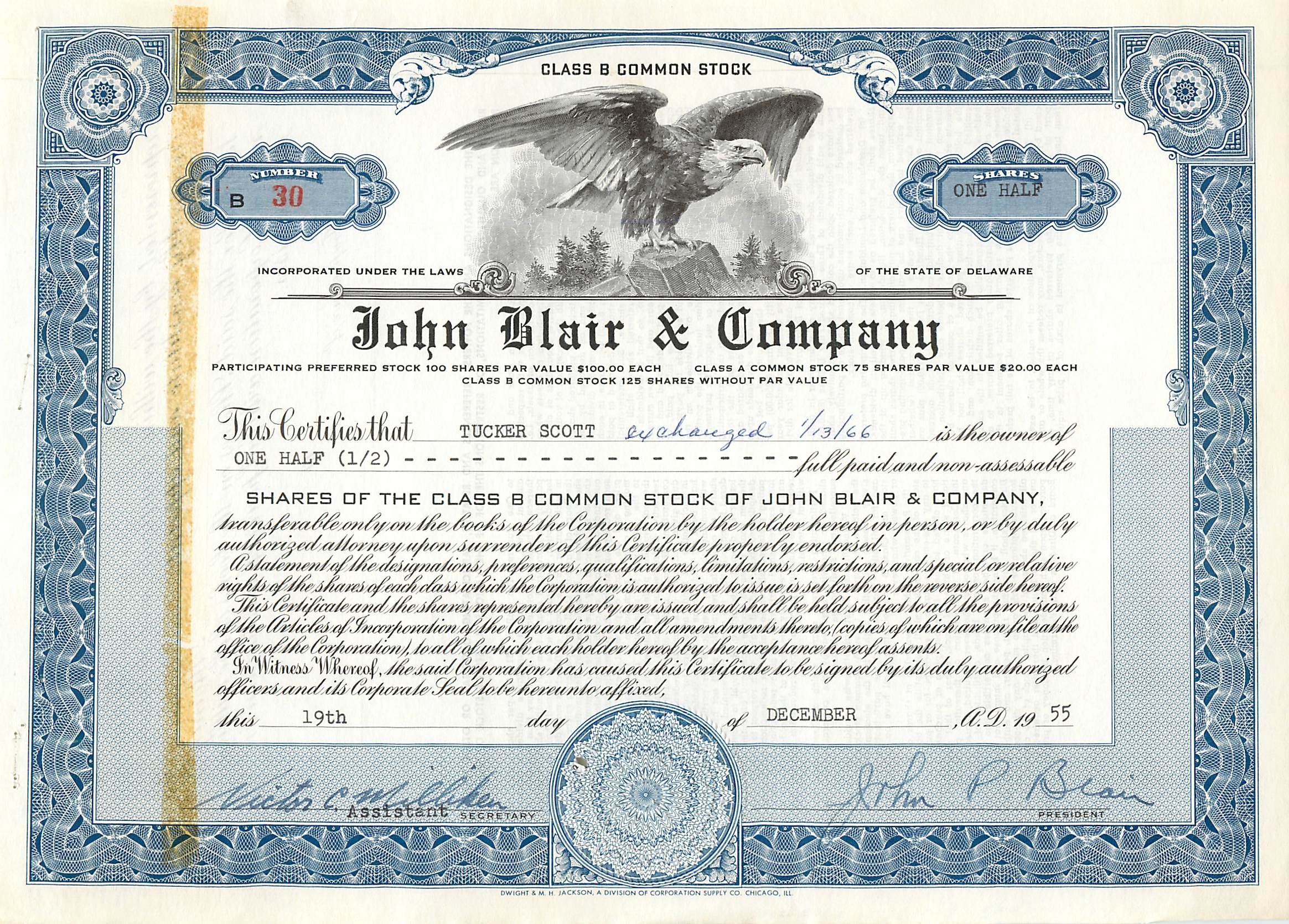 Aandelen van de maatschappij John Blair & Company — Aandelen van klasse B — Nr. 30