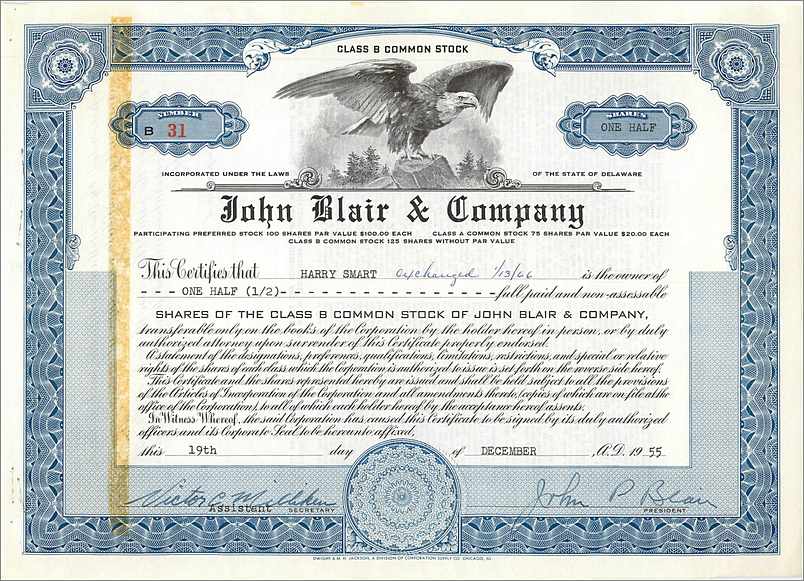 Akcja firmy John Blair & Company — Akcja klasy B — wydana w 1955 roku